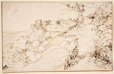 Paysage avec bâtiment semblable à un château sur un promontoire - Hendrick Goudt