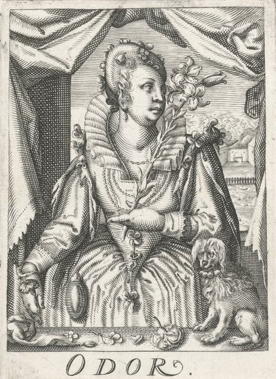 Odorat, une femme avec une branche de fleurs - Hendrick Hondius (rejected attribution)