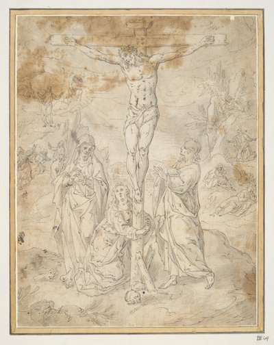 Christ en croix entre la Vierge et Saint Jean avec des scènes de la Passion en arrière-plan - Hendrick de Clerck