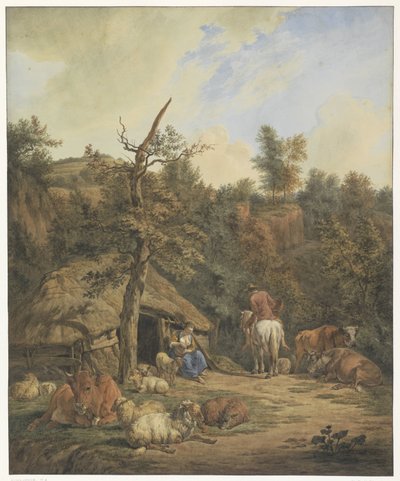 Berger, bergère et bétail se reposant devant une étable en ruine - Hendrik Abraham Klinkhamer