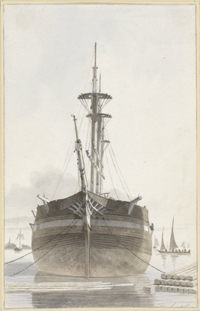Voilier vu de face dans un port de bois - Hendrik Abraham Klinkhamer