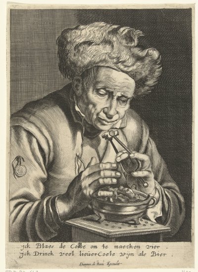 Un vieil homme qui souffle sur un charbon - Hendrik Bary