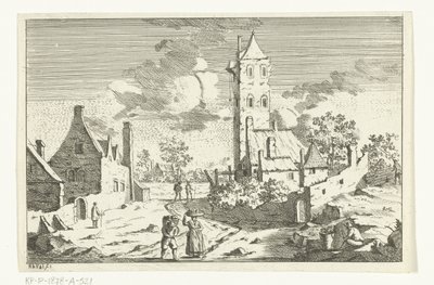 Vue de village avec maisons et tour sur un chemin de sable avec des figures - Hendrik Berg