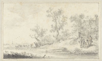Landschap met een groep van vier personen, links vee - Hendrik Chalon