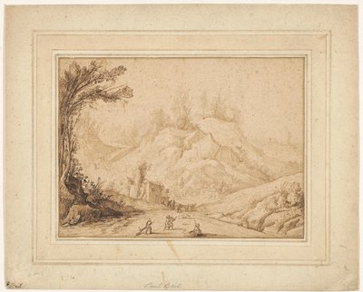Paysage montagneux avec figures sur un chemin près d