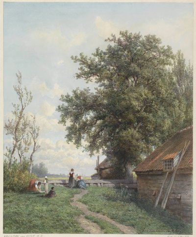 Ferme avec quelques figures, à droite une grange et un grand arbre - Hendrik Dirk Kruseman van Elten