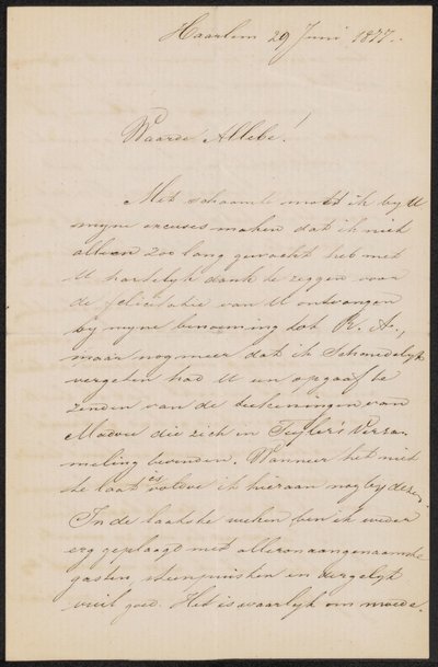 Lettre à August Allebé - Hendrik Jacobus Scholten