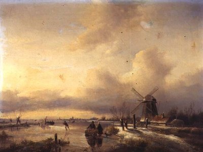 Figures dans un paysage de rivière gelée - Hendrik Jacobus Scholten