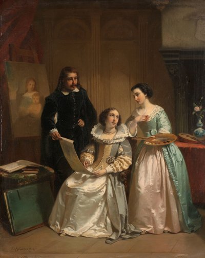 Gerard van Honthorst montrant les dessins de son élève Louise de Bohême à Amalia van Solms - Hendrik Jacobus Scholten