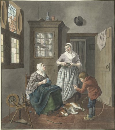 Intérieur avec femme cousant, servante et garçon jouant - Hendrik Jan van Amerom