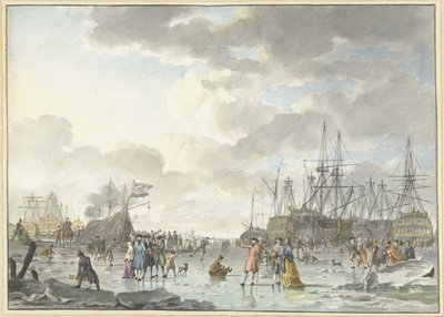 Fête de la glace sur une rivière gelée avec des navires - Hendrik Kobell