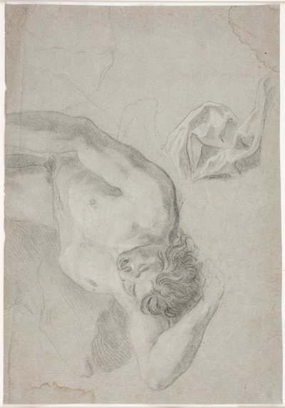 Étude de modèle masculin, allongé sur le dos, étude de genou et de draperie - Hendrik Krock
