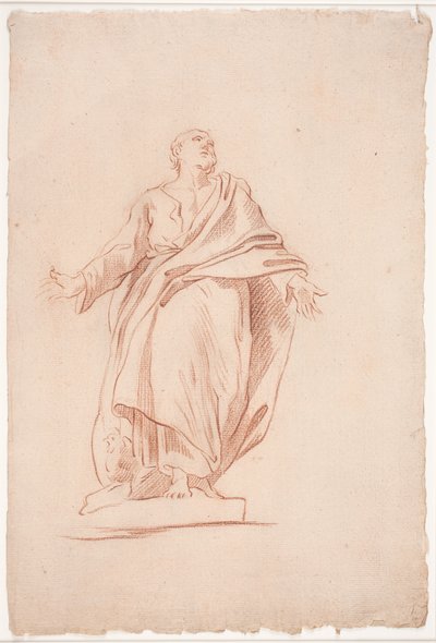 Homme debout avec les bras écartés, sur un socle. (Étude d