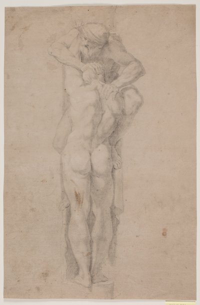 Figure masculine debout, tenant (ou pressée) par un homme barbu - Hendrik Krock