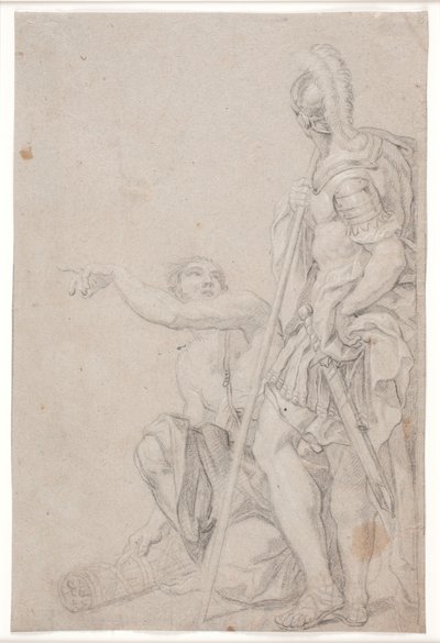 Soldat debout et jeune homme agenouillé et pointant - Hendrik Krock