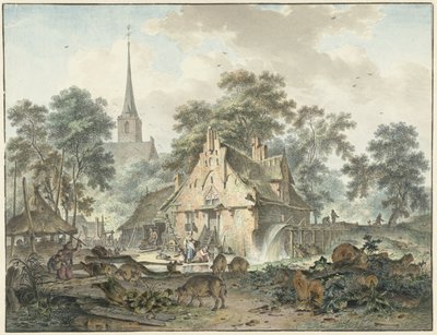 Moulin à eau et église de village - Hendrik Meijer
