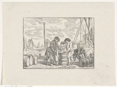 Hommes travaillant sur un quai avec des barils de poisson - Hendrik Numan