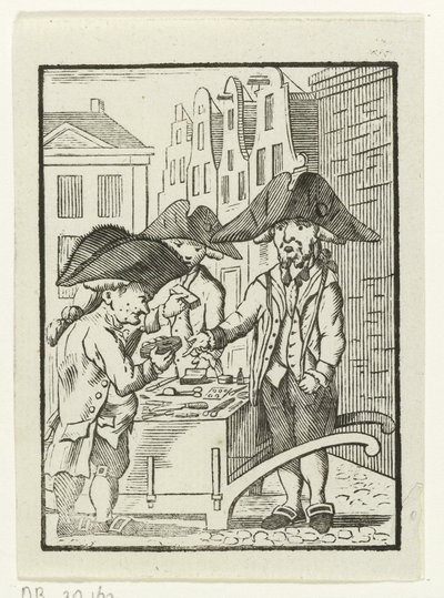 Vendeur de rue derrière une charrette avec deux clients - Hendrik Numan