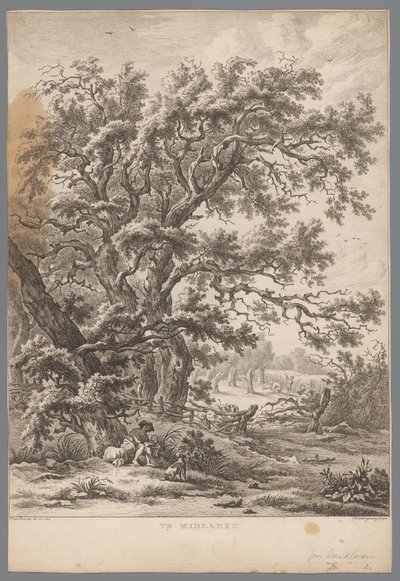 Paysage avec un homme et un chien sous un arbre à Midlaren (Negen gezichten in Drenthe) - Hendrik Schwegman