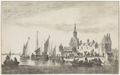 Vue de rivière avec commerçants sur une rive près des maisons - Hendrik Spilman