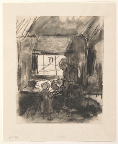 Intérieur avec femme et deux petits enfants - Hendrik Valkenburg
