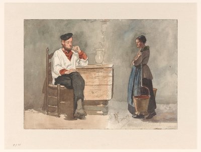 Marin fumant, femme avec joug et seaux de lait - Hendrik Valkenburg