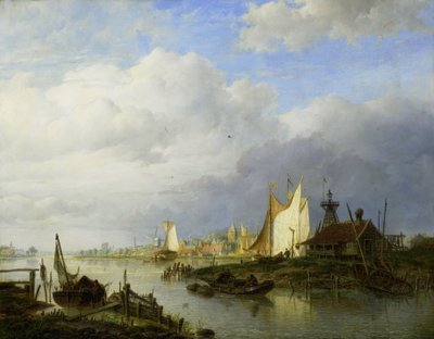 Bateaux sur une rivière avec un phare - Hendrik Vettewinkel