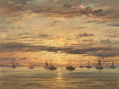 Coucher de soleil à Scheveningen : une flotte de bateaux de pêche à l