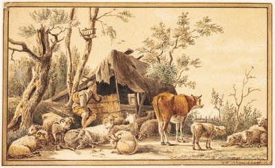 Un berger avec son troupeau près d