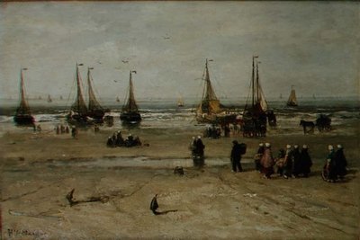 Paysage côtier avec bateaux de pêche et pêcheurs - Hendrik William Mesdag