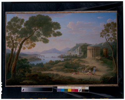 Un vaste paysage classique avec des figures assises devant un temple - Hendrik van Lint