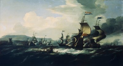 Une bataille entre les Hollandais et les pirates barbaresques près de la côte, fin XVIIe siècle - Hendrik van Minderhout