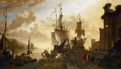Navigation à Livourne (Italie), deux navires amarrés au quai, description idéalisée du principal port de Toscane, le carrefour maritime entre l