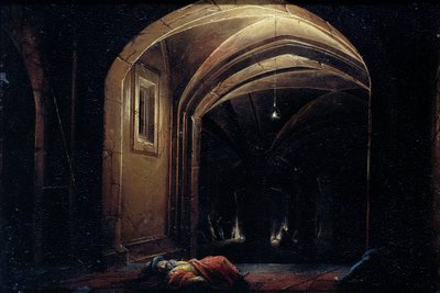 Hommes dormant dans une pièce avec des arches éclairées - Hendrik van Steenwijck (I) (possibly)