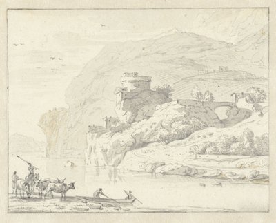 Paysage montagneux italianisant avec bergers et bétail, et deux personnages dans un bateau traversant la rivière - Hendrik van der Straaten (attributed to)