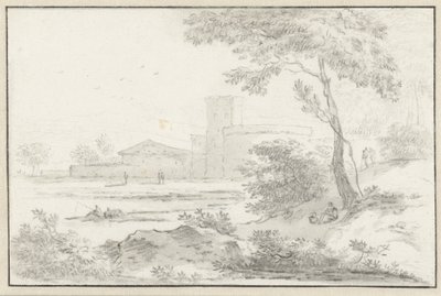 Paysage italianisant avec bâtiment fortifié en arrière-plan - Hendrik van der Straaten
