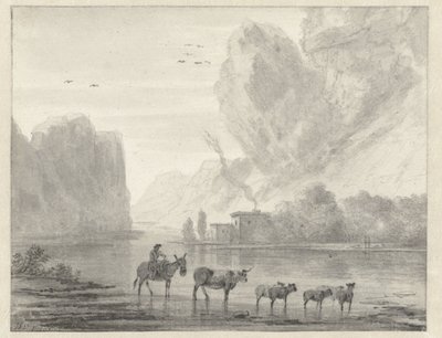 Paysage fluvial rocheux avec un berger et son bétail et ses moutons - Hendrik van der Straaten