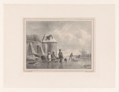 Étang gelé avec des figures près d