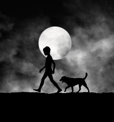 Un enfant et un chien au clair de lune - Hengki Lee