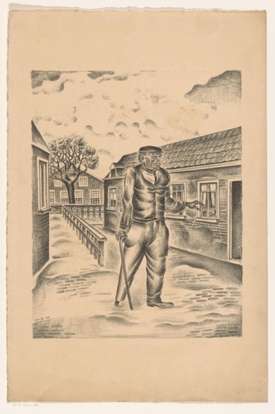 Homme avec une jambe de bois et un bâton dans une rue de village - Henk Henriët