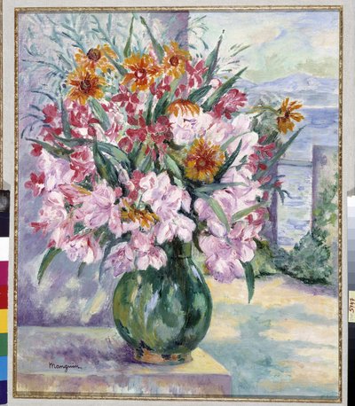 Vase de fleurs sur terrasse devant la mer 1941 - Henri Charles Manguin