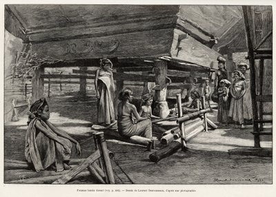 Femmes Batak, groupe ethnique de Sumatra Nord, tissant. Gravure par Laurent Desrousseaux pour illustrer l