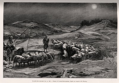 Le puits de la remorque. Gravure de Laurent Desrousseaux pour illustrer le récit À travers la Perse méridionale, par C.Babin et F.Houssay, en 1885, dans Le tour du Monde 1892, dirigé par Édouard Charton (1807-1891), Hachette, Paris. - Henri Alphonse Louis Laurent Desrousseaux