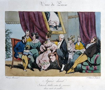 Représentation humoristique du comportement et de la conversation des invités après le dîner, caricature pour 