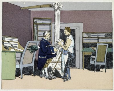 Huit heures : balayage des bureaux et discussion politique entre garçons de bureau - dans « Mœurs administratives » par Henri Monnier - Henri Bonaventure Monnier