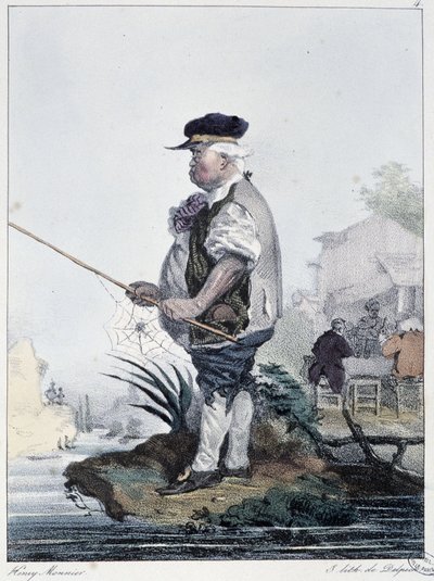 Homme pêchant: "Chacun prend son plaisir où il le trouve" - dans "Les passe-temps" par Henri Monnier, éd. Delpech, Paris - Henri Bonaventure Monnier