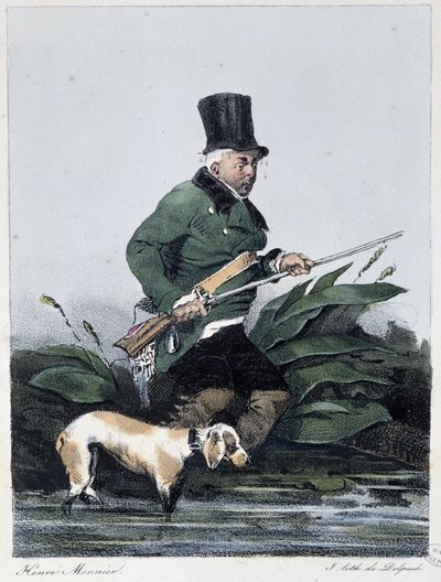 Homme chassant avec son chien : "Chacun prend son plaisir où il le trouve" - dans "Les passe-temps" par Henri Monnier, éd. Delpech, Paris - Henri Bonaventure Monnier