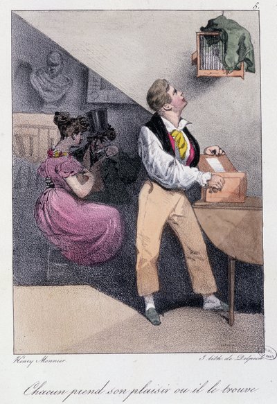 Homme qui élève des oiseaux pendant que sa femme le trompe : « Chacun prend son plaisir où il le trouve » - dans « Les pastemps » par Henry Monnier, éd. Delpech, Paris, v.1830 - Henri Bonaventure Monnier