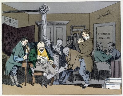 Dix heures : lecture des journaux, déjeuners, taille des plumes - dans "Mœurs administratives" par Henri Monnier - Henri Bonaventure Monnier