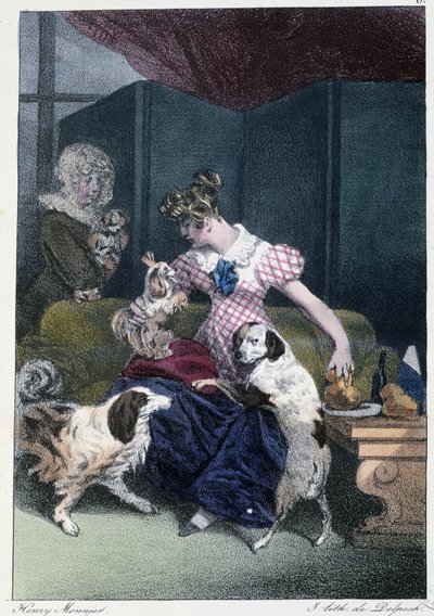 Jeune fille avec des chiens : chacun prend son plaisir où il le trouve - Henri Bonaventure Monnier